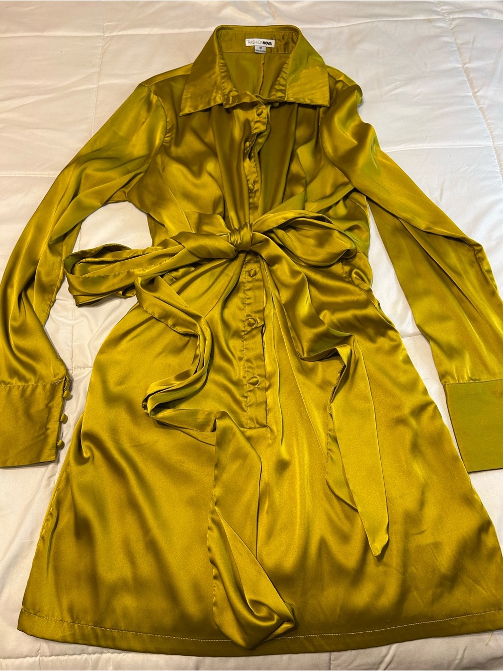 Fashion Nova Olive Silk-Look Tie-Waist Long Sleeve Dress